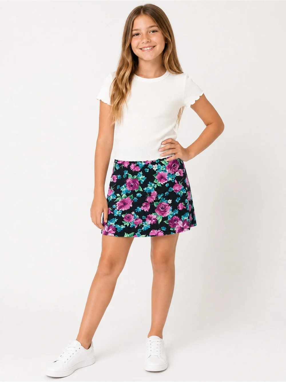 Forever 21 Girls Black Floral Mini Skirt Pink Blue Stretch Pull On Size S